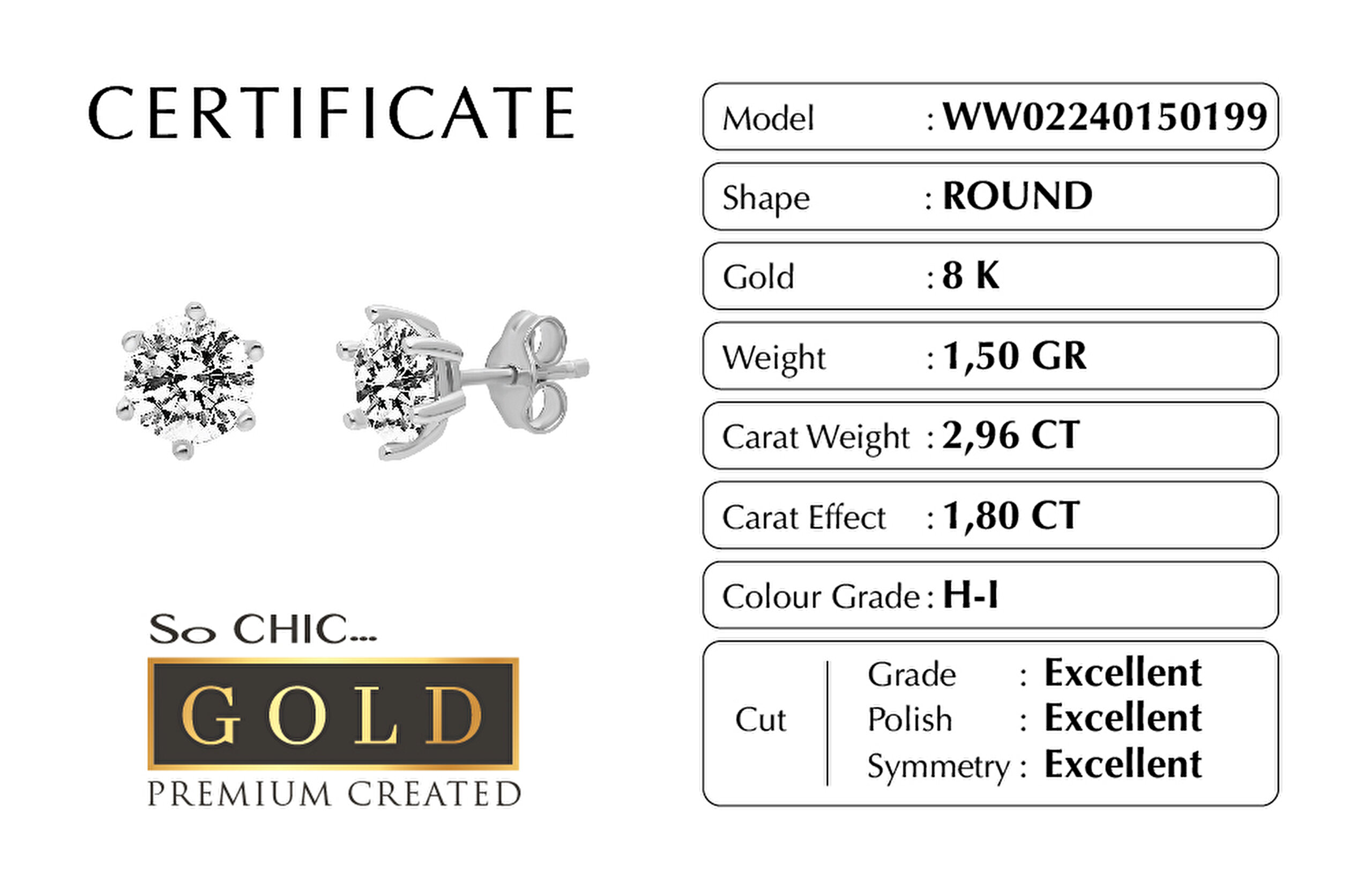 ⁠ Beyaz Altın Sertifikalı Premium Created Taşlı Tektaş Küpe_1}