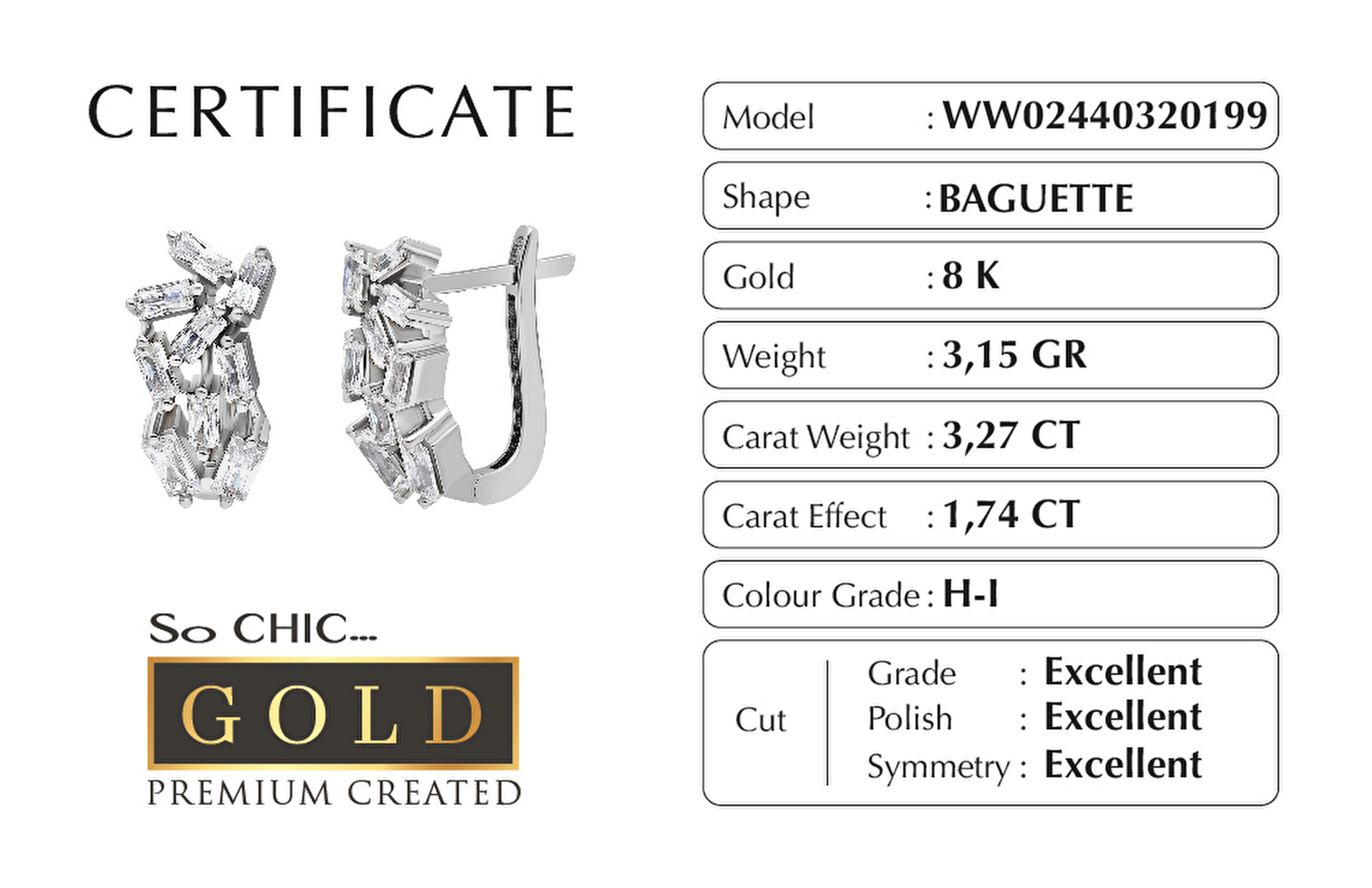 ⁠ Beyaz Altın Sertifikalı Premium Created Baget Taşlı Küpe
_1}