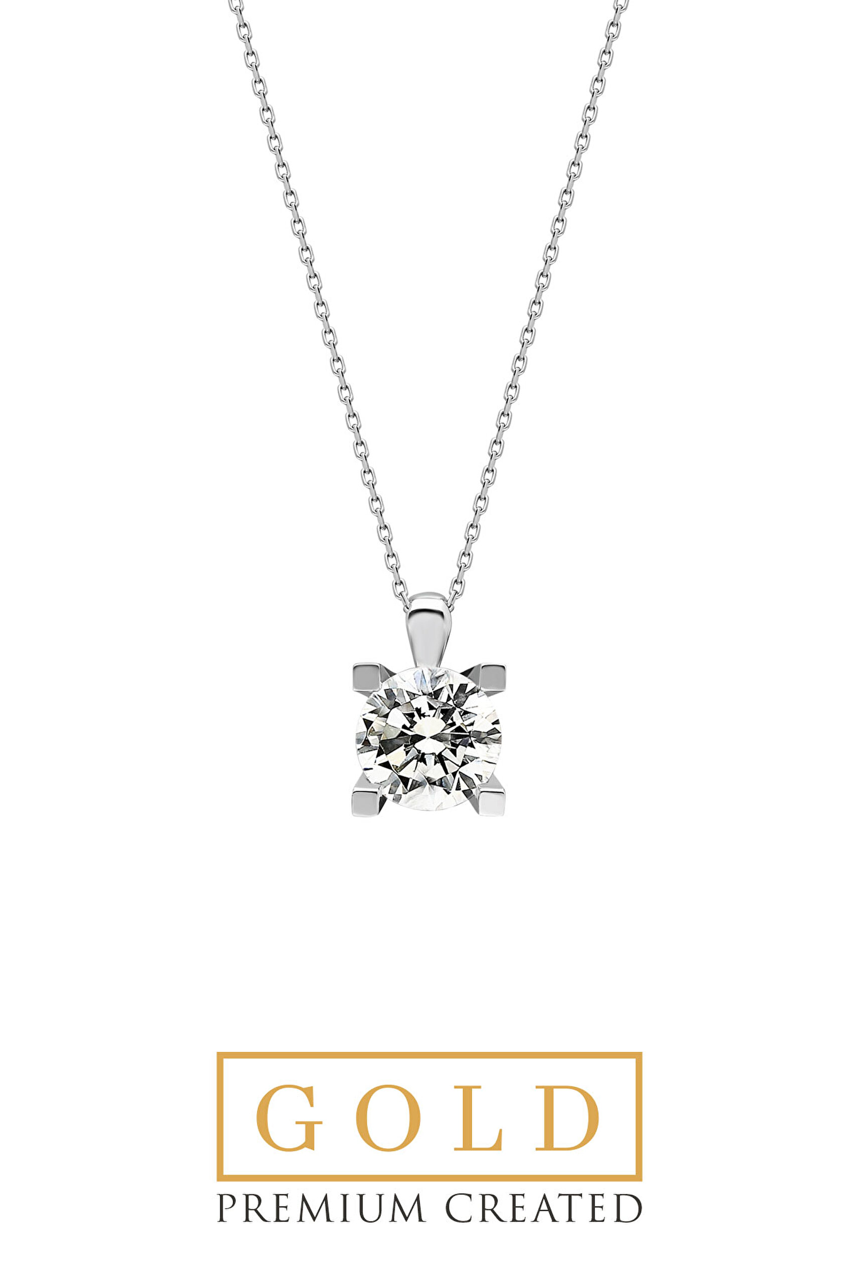 ⁠ Beyaz Altın Sertifikalı Premium Created Taşlı Tektaş 0.90 CT Effect Kolye_0}