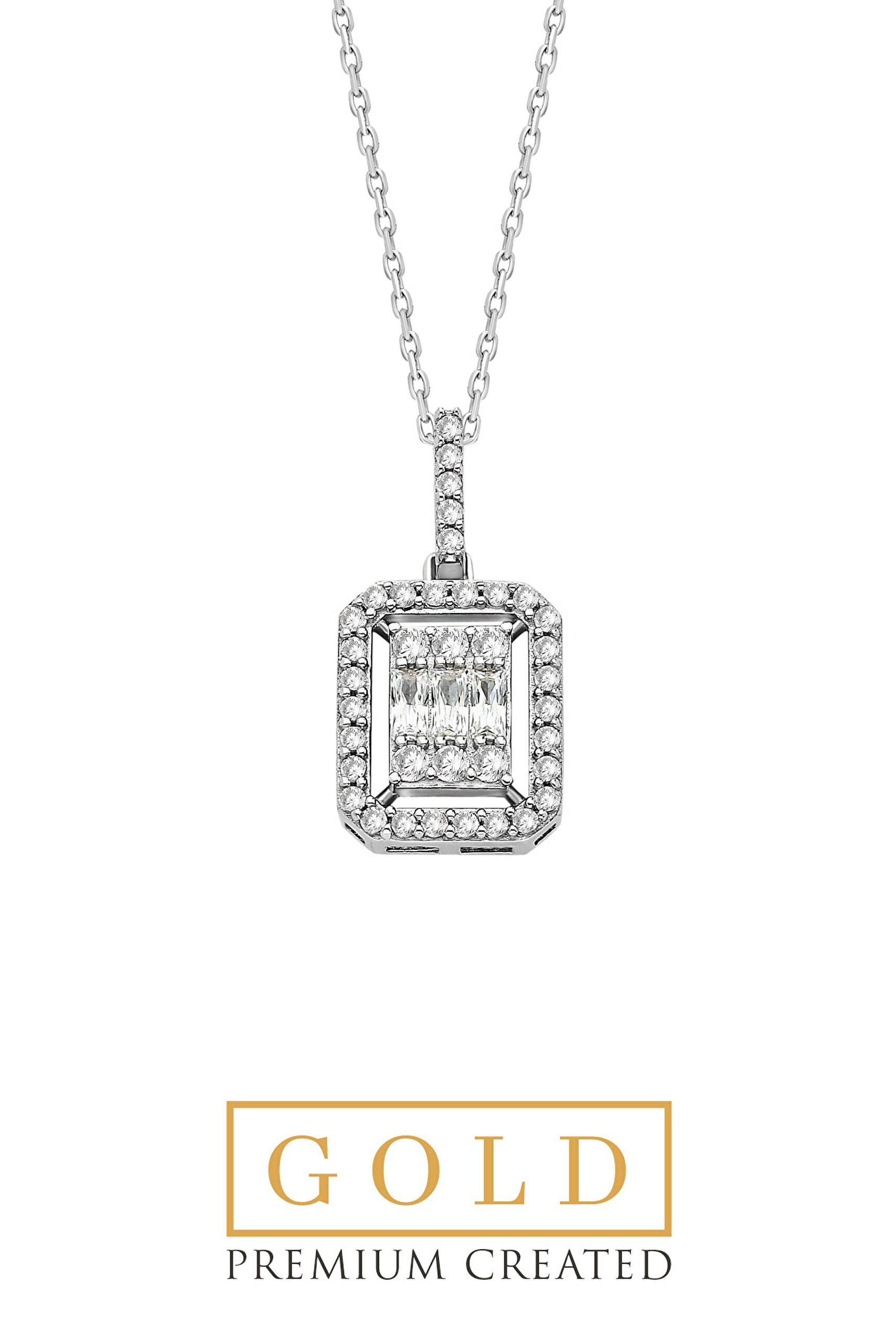 ⁠ Beyaz Altın Sertifikalı Premium Created Baget Taşlı 0.29 Ct Effect Kolye_0}