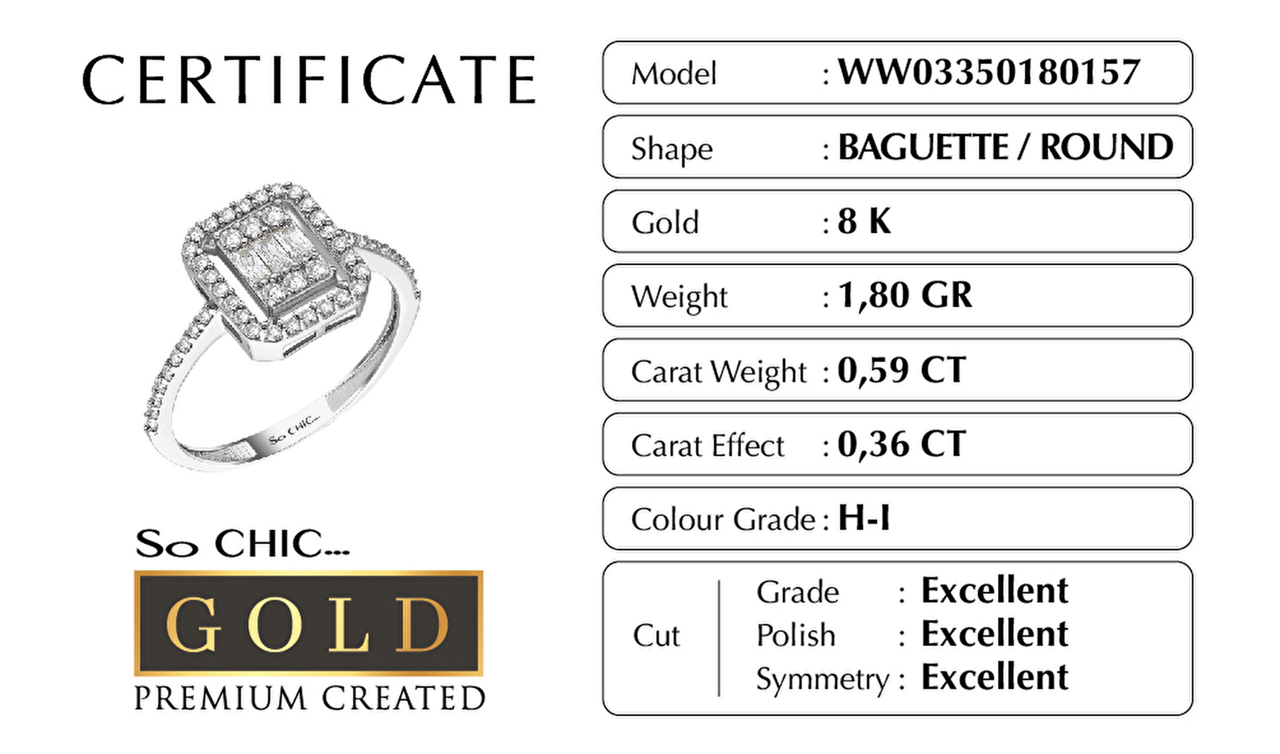 ⁠ Beyaz Altın Sertifikalı Premium Created Taşlı Baget Yüzük_2}