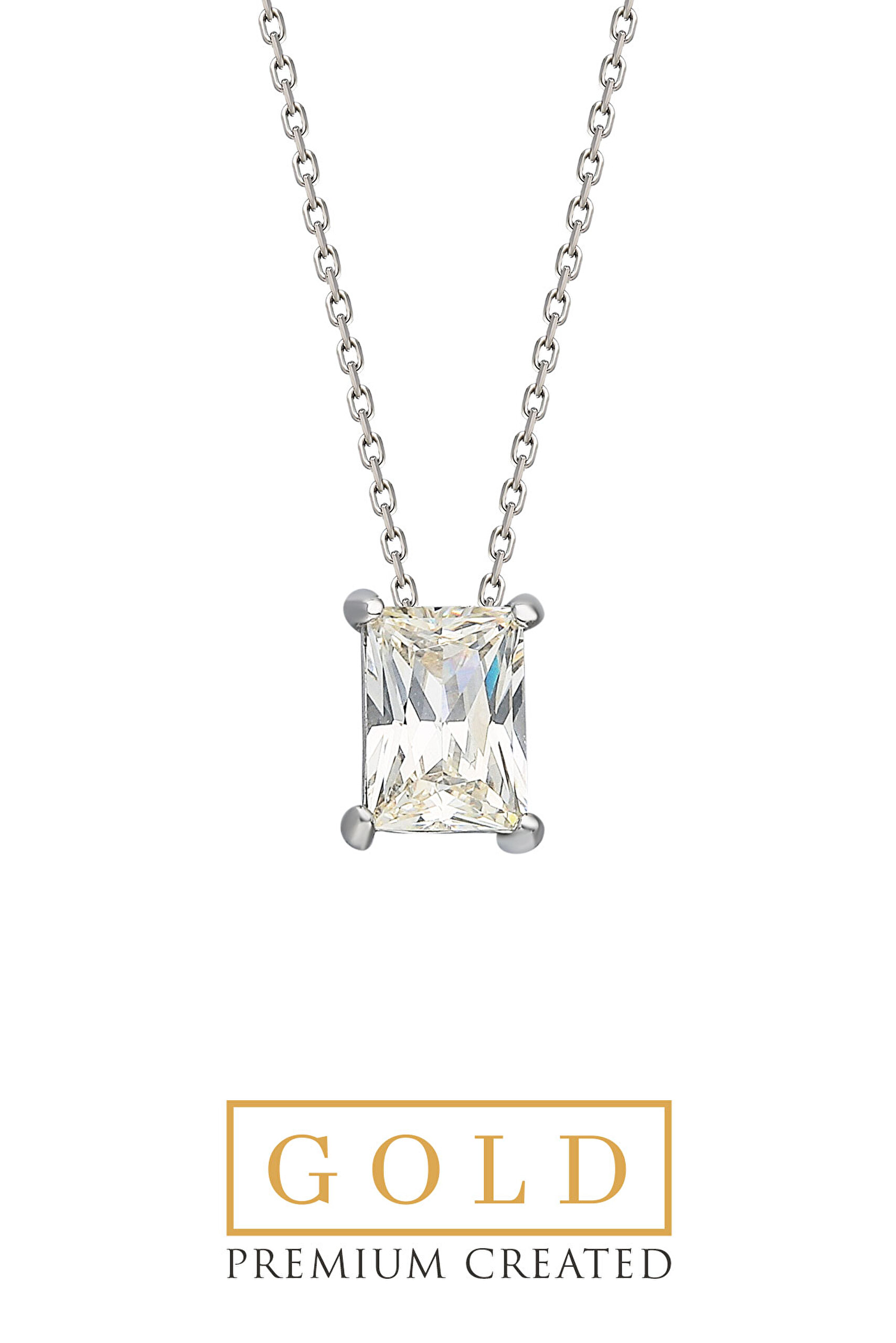 ⁠ Beyaz Altın Sertifikalı Premium Created 0.85 Ct Effect Baget Tektaş Kolye
_1}
