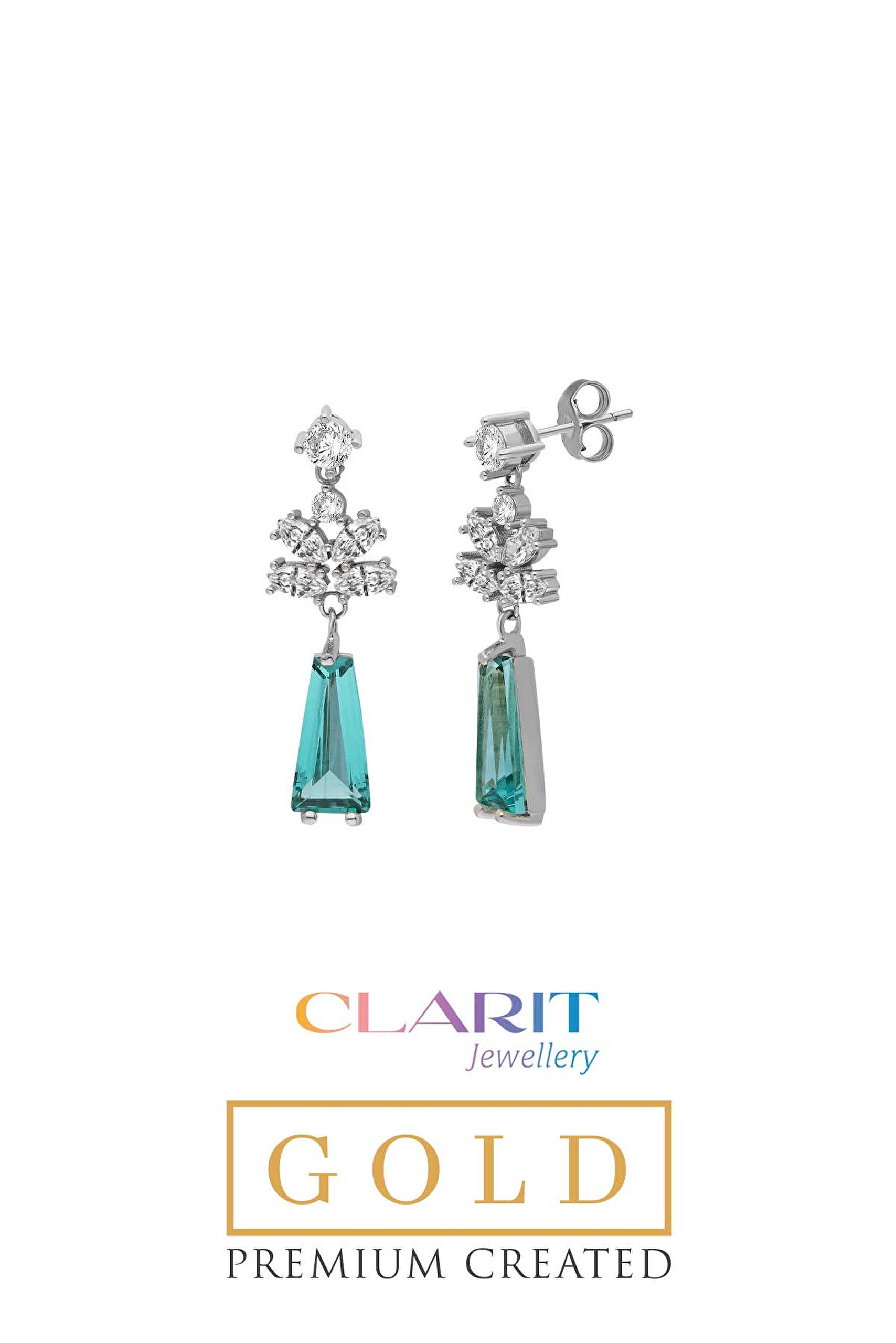 ⁠ Created Paraiba Taşlı Clarit Serisi 8 Ayar Beyaz Altın Küpe_0}