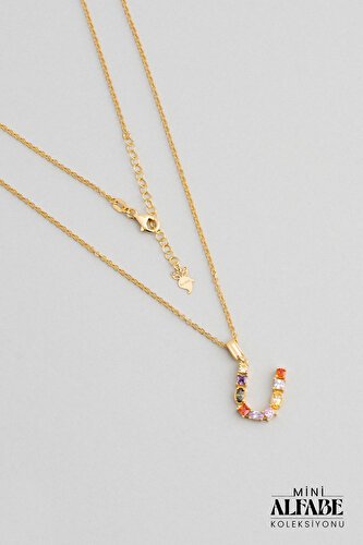 Mini Letter U Daylight Colored 18K Yellow Gold Plated Silver Necklace