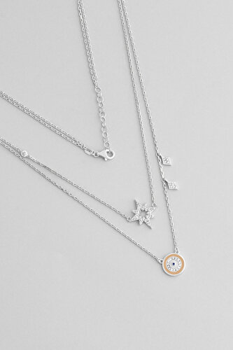 Lucky Star with Evil Eye 18 Karat White Gold Plated Silver Double Necklace