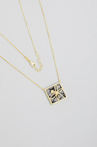 18K Yellow Gold Plated Silver Dragonfly Necklace with Dalmatian Stone