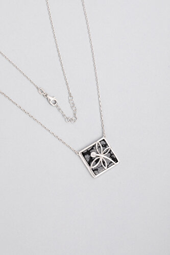 18K White Gold Plated Silver Dragonfly Necklace with Dalmatian Stone