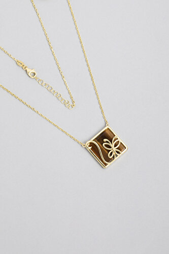 18K Yellow Gold Plated Silver Butterfly Necklace with Tiger Eye Stone