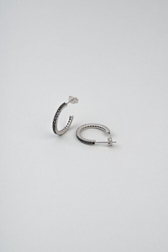 Black Stone 18K White Gold Plated Silver Hoop Earrings