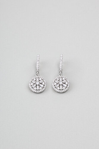 18K White Gold Plated Silver Pendant Earrings with Baguette Stone Detail