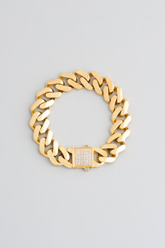 18K Yellow Gold Plated Silver Gourmet Chain Bracelet with White Stone