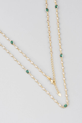 Emerald Color Oval Stone 18K Yellow Gold Plated 65 Cm Silver Long Necklace