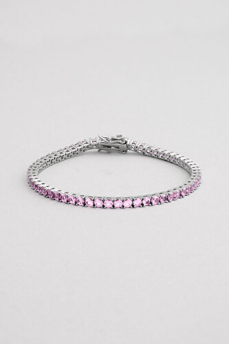 Pink 3 mm Stone 18 Karat White Gold Plated Silver Tennis Bracelet