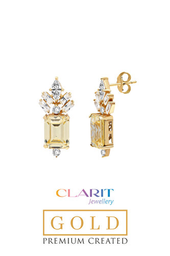 Created Light Yellow Canary Taşlı Zümrüt Kesim 14 Ayar Sarı Altın  Küpe 