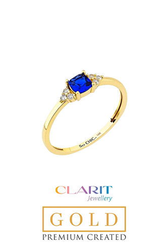 Clarit Jewellery Created Cushion Safir Taşlı 14 Ayar Sarı Altın Yüzük
			