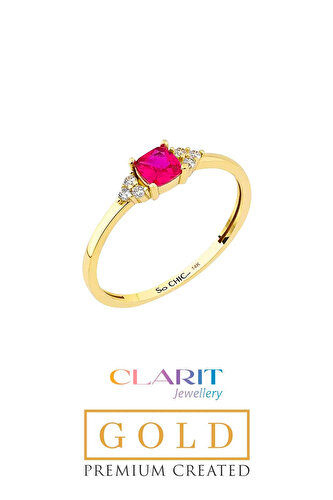 Clarit Jewellery Created Cushion Yakut Taşlı 14 Ayar Sarı Altın Yüzük