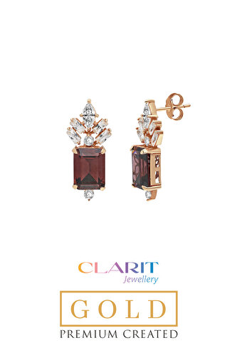 Created Rhodolite Taşlı Zümrüt Kesim 14 Ayar Rose Altın Küpe 