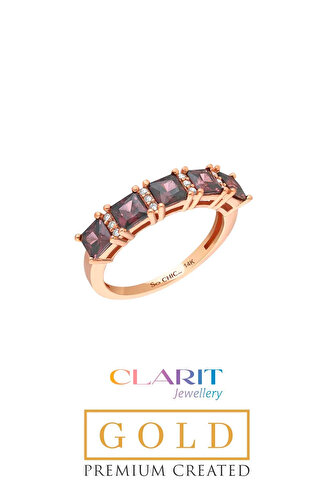 Created Rhodolite Taşlı Clarit Serisi 14 Ayar Rose Altın Beştaş Yüzük