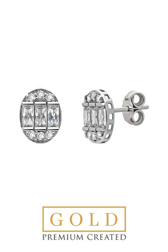Beyaz Altın Sertifikalı Premium Created Baget Taşlı Oval Küpe
			