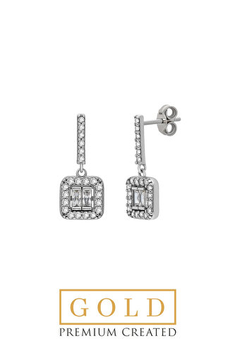 Beyaz Altın Sertifikalı Premium Created Baget Taşlı Kare Küpe
