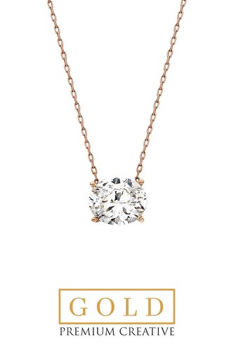 Oval Solitaire 14 Karat Rose Gold Certified Premium Created Stone Necklace