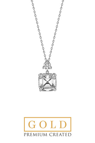 14 Karat White Gold Certified Premium Created Stone Ascher Cut Necklace