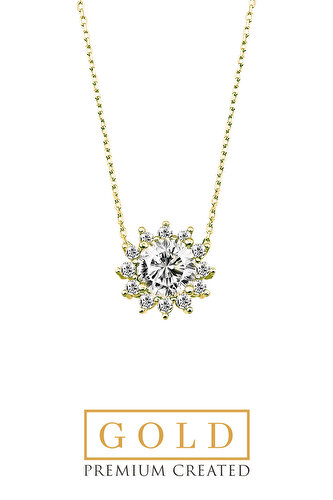 14 Karat Yellow Gold Certified Premium Created Stone Solitaire Necklace