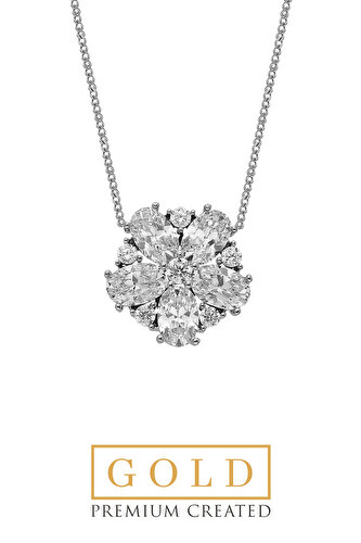 14 Karat White Gold Certified Premium Created Stone Flower Necklace