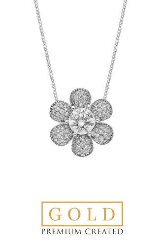 14 Karat White Gold Certified Premium Created Stone Daisy Necklace
