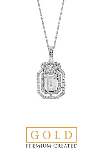 14 Karat White Gold Certified Premium Created Stone Baguette Cut Necklace