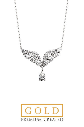 Beyaz Altın Sertifikalı Premium Created Taşlı Melek Kanadı  Kolye