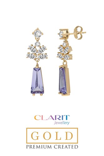 Created Alexandrite Trapez Taşlı Clarit Serisi Sarı Altın Küpe