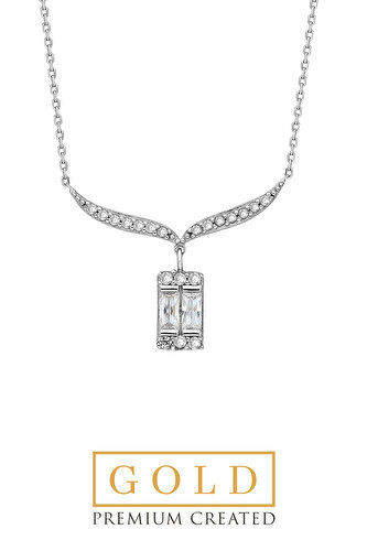 Beyaz Altın Sertifikalı Premium Created 0.50 Ct Effect Baget Taşlı Kolye