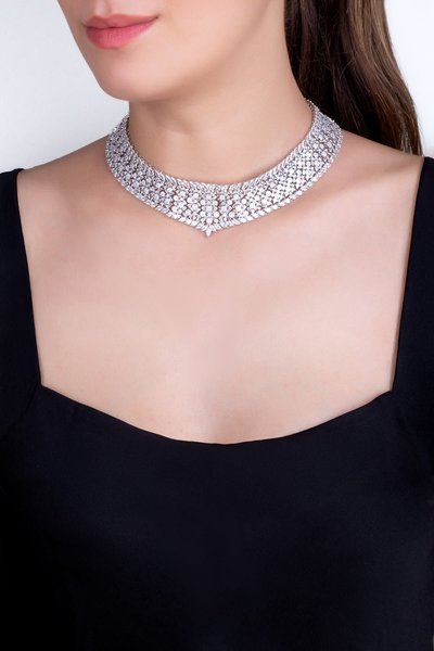 İhtişamlı 18 Ayar Beyaz Altın Kaplama Gümüş Choker Gerdanlık
